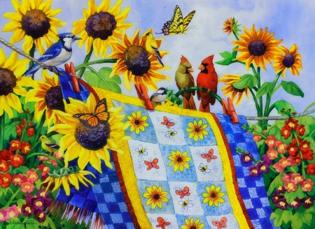 â˜…Meeting at the Clotheslineâ˜… - sunflowers, animals, creative pre-made, meeting, paintings, birds, butterflies, attractions in dreams, clothesline, summer, gardening, love four seasons, seasons, butterfly designs, flowers, drawings, lovely flowers