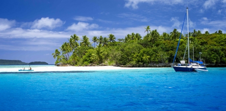 Nuku Vavau, Tonga - beach, ocean, paradise, palms, island, green, sailboat