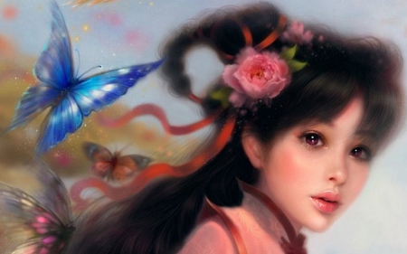 Girl and Butterfly - detail, beautiful, serene, girl, lovely, fantasy, digital, woman, butterfly, face, fine, art, wallpaper