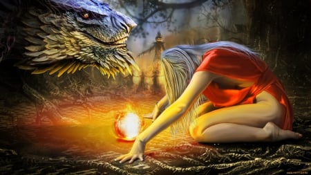 Dragon Fire - woman, girl, wallpaper, fantasy, art, beautiful, dragon, digital, artistic