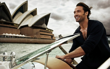 Hugh Jackman - building, boats, travel, hugh jackman, smiling, men, buildings, actors, hugh, jackman, driving, actor, boat, sydney