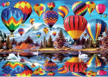 WATER REFLECTIONS - reflections, balloons, swans, air, hot, colorful, water