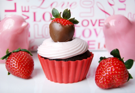 Valentine's Day - strawberries, cupcake, chocolate, love, still life, Valentines Day, Valentine, candles, Valentines