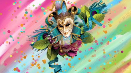 Carnival Bright - mardi gras, fat tuesday, mask, feathers, ribbons, colorful, confetti, bright, carnival, leaves