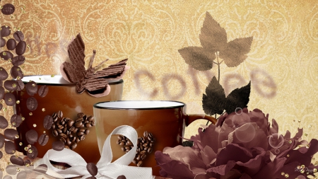 Coffee with a Friend - joe, coffee, cups, collage, beans, java, butterfly, brown, leaves, cafe, ribbon, flowers