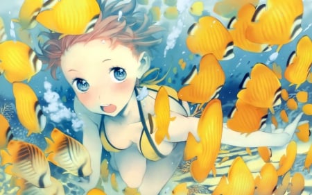 Let's play! - nice, beauty, female, magic, water, colorful, anime girl, fantasy, brown hair, pretty, cool, anime, cute, short hair, sexy, blue eyes, beautiful, bikini, animal, fish, sweet, blush, awesome