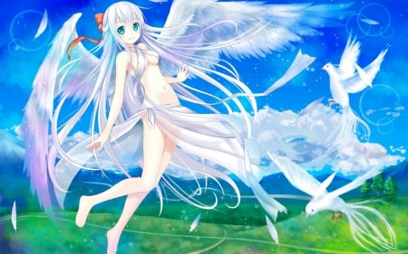 Come with me! - nice, beauty, sky, angel, magic, wings, anime girl, fantasy, game, clouds, anime, ribbon, cute, birds, sexy, skirt, feathers, landscape, long hair, rpetty, green eyes, beautiful, animal, sweet, lights, white hair