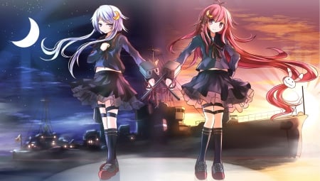 Two sides of the same medal - magic, beauties, anime girl, dark, game, pink eyes, skirt, light, long hair, purple hair, beautiful, sweet, friends, weapons, sunrise, nice, sky, feamle, kantai collection, fantasy, unifrom, pretty, clouds, anime, purple eyes, cute, short hair, stars, eautiful, day, pink hair, night, guns