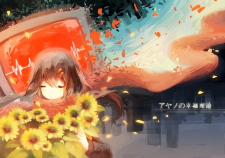 It's so warm! - nice, beauty, sunflowers, female, magic, anime girl, fantasy, brown hair, pretty, game, cool, petals, anime, tree, cute, landscape, long hair, dream, beautiful, sweet, flowers, awesome, blush