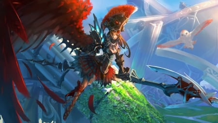 This is my kingdom! - pretty, bird, anime, magic, female, warrior, landscape, angel, long hair, weapon, nice, bluee yes, anime girl, game, skirt, beautiful, beauty, brown hair, cool, owl, fantasy, awesome, wings, feathers