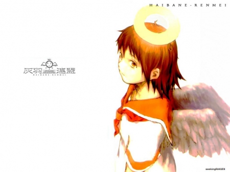 Haibane Renmei - anime, dress, angel, brown hair, Rakka, Haibane Renmei, short hair, halo, wings