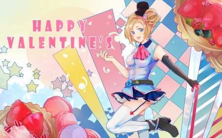 Happy Valentine's Day!!! - anime, microsoft, internet explorer, skirt, sweets, stars, colorful, holiday, valentine, fruit, hearts, aizawa inori, blue eyes