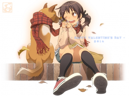 ~Valentine's Day 2014~ - brown eyes, girl, ponytail, scarf, kneehighs, book, black hair, sweater, brown hair, dog, anime, blush, wink, shoes