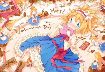 Happy Valentine's Day - anime, presents, dress, chocolate, blonde, headband, flowers, touhou, holiday, valentine, alice margatroid, blue eyes