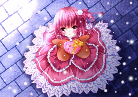 Take This!! - pink hair, valentine, present, tomoka minato, snow, holiday, anime, ro kyu bu, dress