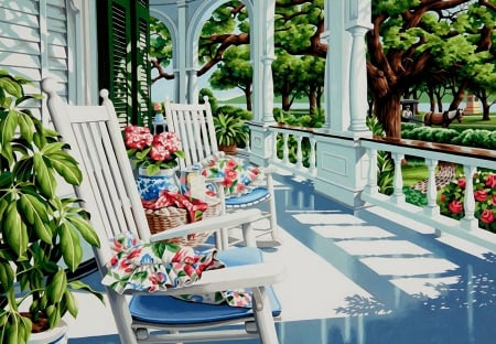 Summer porch - morning, freshness, trees, porch, park, summer, spring, painting, chair, art, breakfast, beautiful, rest, sunny, flowers, relax