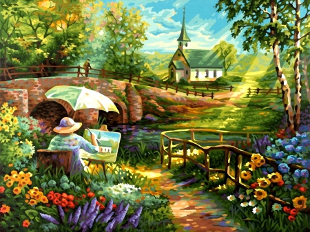 Painting a landscape - painter, pretty, calm, quiet, summer, creek, landscape, spring, church, flowers, countryside, lvoely, art, draw, greenery, paint, trees, beautiful, freshness, river, nature, rays, woman, painting, serenity, peaceful, bridge, shine