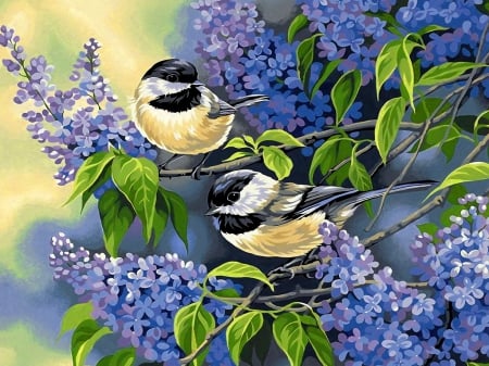 Birds and lilac - pretty, birds, beautiful, fragrance, lilac, spring, lovely, freshness, leaves, songbirds, scent, painting, friends, art