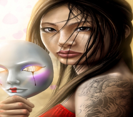 Masking The Tears - tattoo, mask, woman, tear