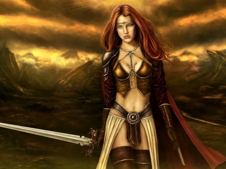 Fantasy warrior - woman, brown, sword, warrior