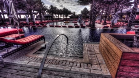 resort pool in the bahamas hdr - unbrellas, palms, pool, hdr, lounges