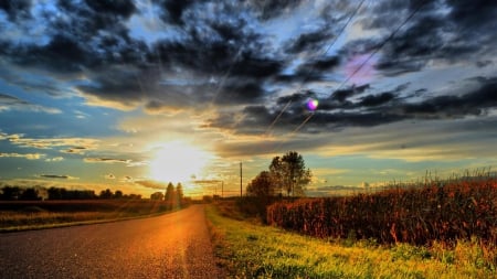 sun rays in a beautiful sunset - clouds, sunset, rays, fields, road, electric lines