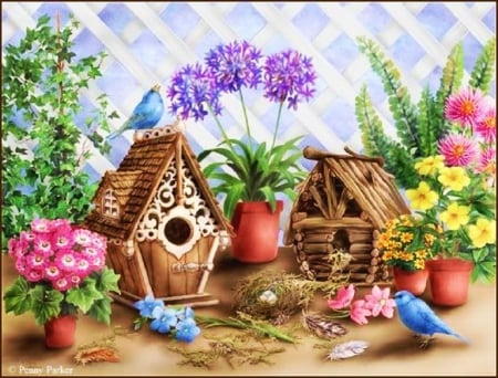 Bird's Home - flowers, bird, pots, blossoms, artwork