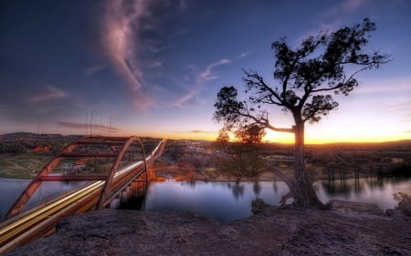 River Bridge - sunset, water, nature, landscape, reflection, tree