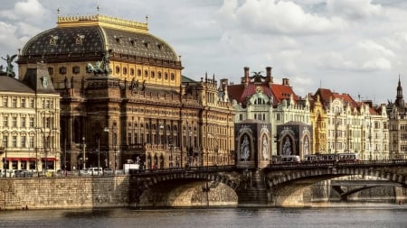 bridge to the national theater in prague - clouds, river, city, theater, bridge