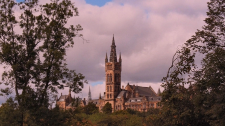 fabulous church - tower, trees, church, clouds