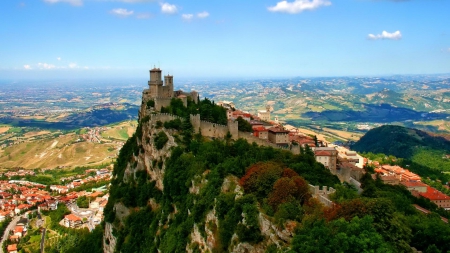 castle atop a mountain village - vollage, mountain, wall, castle, panorama