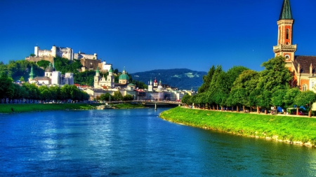 castle on a hill above a river town - hill, town, castle, river, bridge