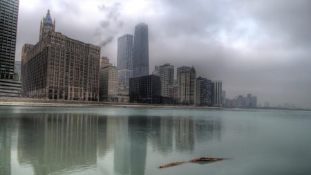 chicago in lake fog hdr - fog, hdr, skyscrapers, lake, city