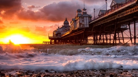 Amazing Sunset - sky, ocean, pier, clouds, sun, colors, sea, waves