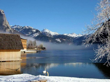 Winter Lake - snow, water, mountains, cabin