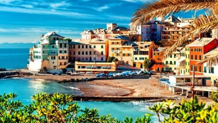 colorful sun drenched seaside town - town, beach, sunshine, sea, colors