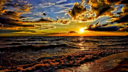 magnificent ocean sunrise hdr - clouds, shore, hdr, colors, sea, sunrise, waves