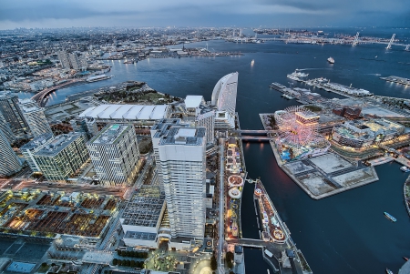 Yokohama At Dusk - ocean, japan, city lights, cityscape, sunset, buildings, bay, skyscrapers