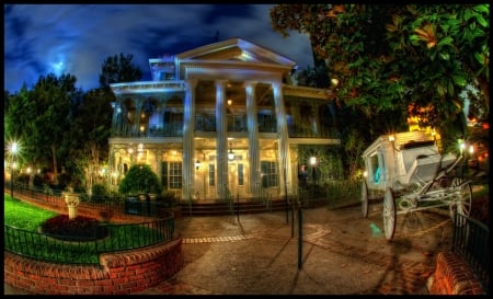 Park Avenue At Night - house, trees, brick, windows, night, architecture, shadow, dark, doors, white, driveway, lights, sky, building