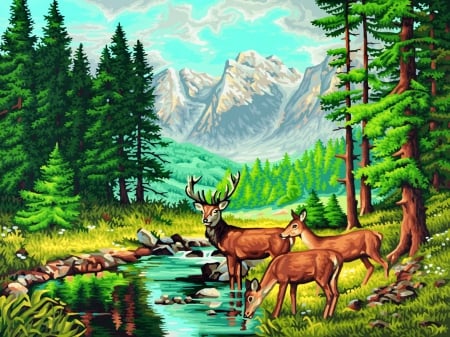 Peaceful mountain landscape - greenery, quiet, summer, beautiful, creek, landscape, stream, forest, mountain, calmness, deers, river, painting, serenity, peaceful, art