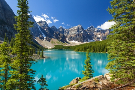 Lake view - blue, landscape, crystal, mountain, shore, view, cliffs, lake, sky, trees, water, beautiful, snowy, mirrored, lovely, peaks, nature, rocks