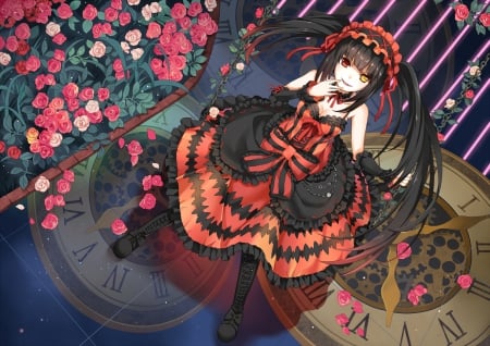 Tokisaki Kurumi - roses, boots, black hair, date a live, tokisaki kurumi, bicolored eyes, choker, petals, anime, clock, flowers, dress