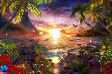 ♥Summer of Paradise♥ - birds, waterscapes, summer, attractions in dreams, butterflies, paintings, beaches, sunsets, flowers, butterfly designs, coconut trees, forests, nature, paradise, love four seasons, animals