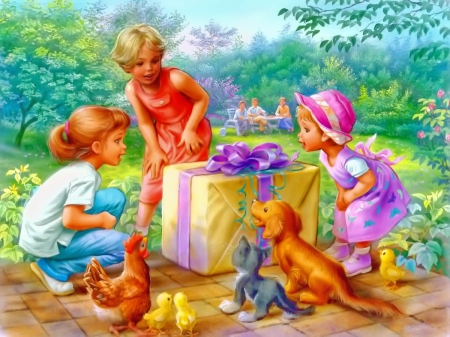 Enjoying the gift - pretty, fun, company, children, spring, joy, boy, garden, puppy, friends, parents, art, chickens, greenery, kids, trees, beautiful, girl, present, enjoy, lovely, freshness, painting, gift, park, animals