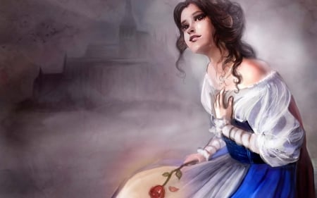 Belle - woman, beauty and the beast, girl, belle, rose, art, blue, disney, flower