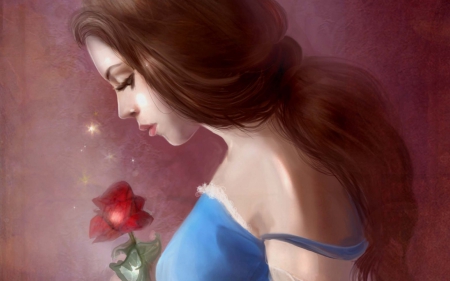 Belle - blue, girl, flower, pink, fantasy, beauty and the beast, belle, red, woman, rose, disney, art