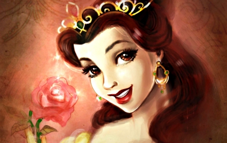 Belle - girl, flower, pink, fantasy, beauty and the beast, belle, red, woman, rose, disney, art