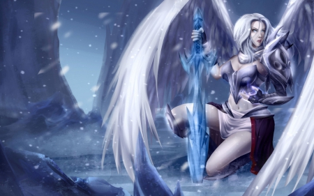 Angel - sword, winter, pink, girl, blue, wings, white, fantasy, woman, snow, angel