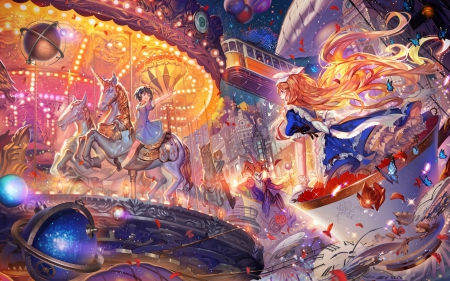 Alice in Wonderland - wonderland, anime, yellow, blue, carousel, girl, pink, horse, manga, alice