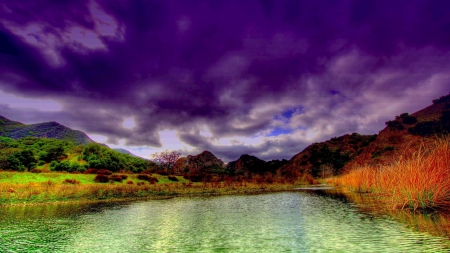 dark sky over lovely river hdr - clouds, river, hdr, grass, ripples, dark, sky